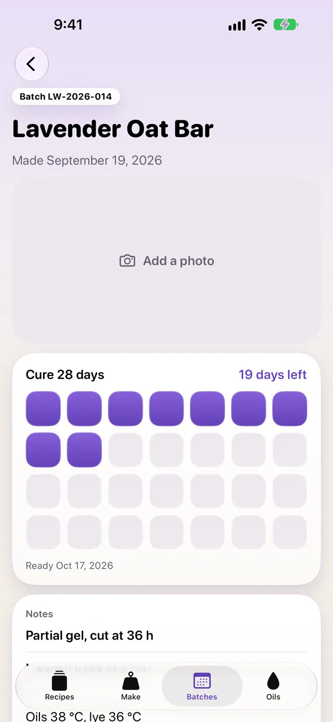 Batch log: Lavender Oat Bar, cure 28 days, 19 days left