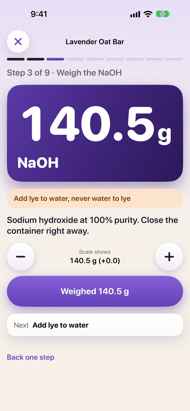 Make mode, step 3 of 9: weigh 140.5 g of NaOH