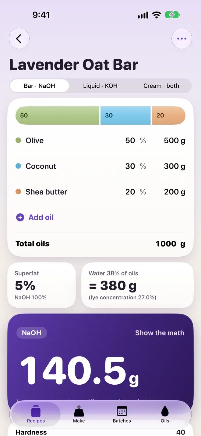 Recipe Lavender Oat Bar: olive, coconut and shea, NaOH 140.5 g with Show the math